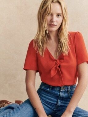 Sezane Eloine Blouse - Flutter Sleeve Tie Front Top - Red - Size 42/US XL